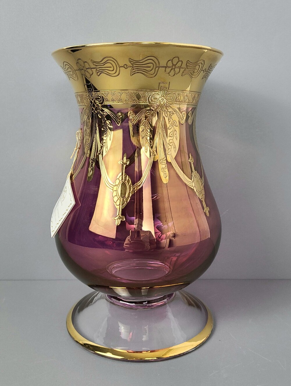 NWT SC Line Italy Gold Encrusted Amethyst Art Glass Vintage Vase